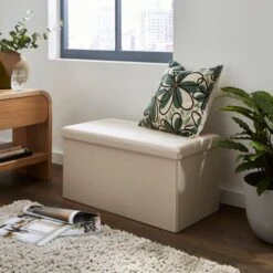 Dunelm Foldable Faux Linen Cream Ottoman